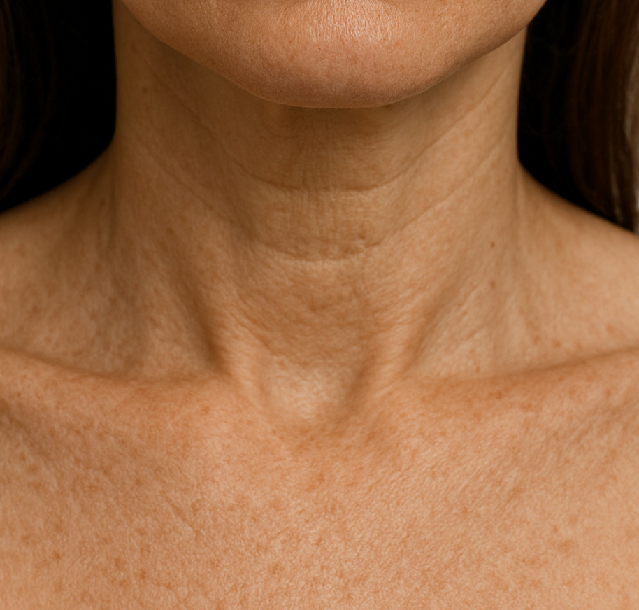 Close-up of a person's neck with visible skin texture and lines.